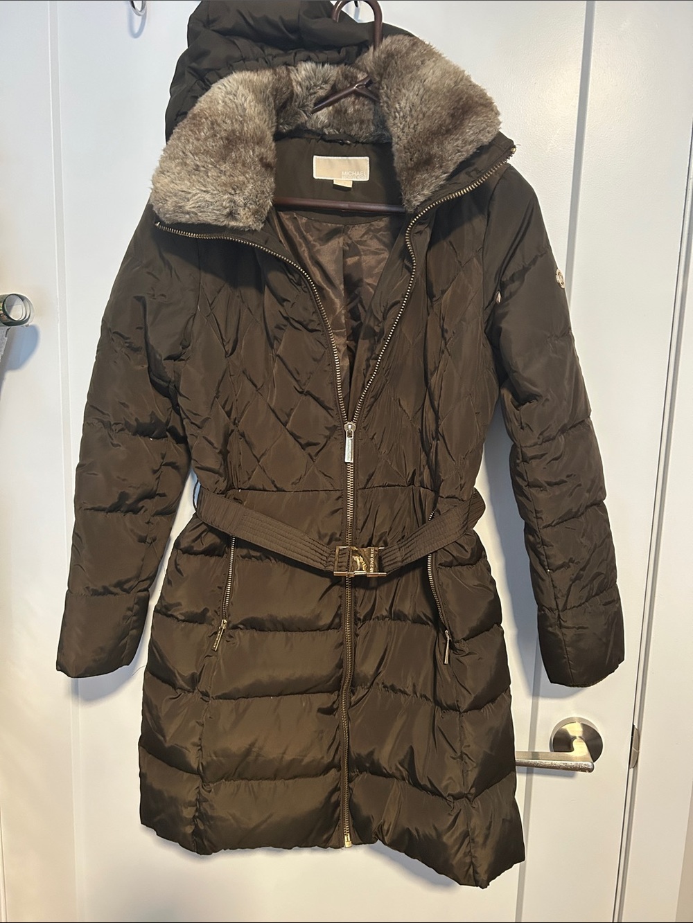 MICHAEL Michael Kors Brown Quilted Faux-Fur Collar Belted Puffer Coat
